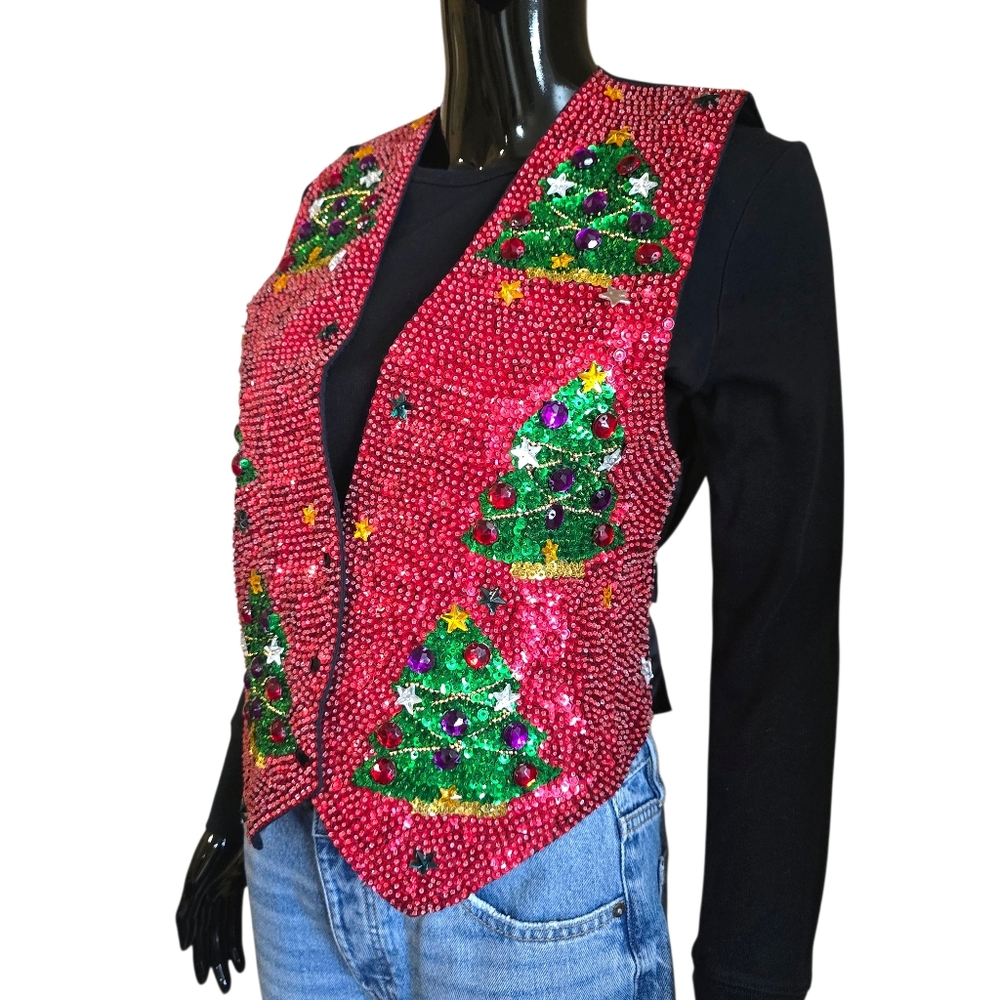 Vintage 90s JC Christmas Tree Sequin and Jewel Vest | Size Small - Picture 7 of 17